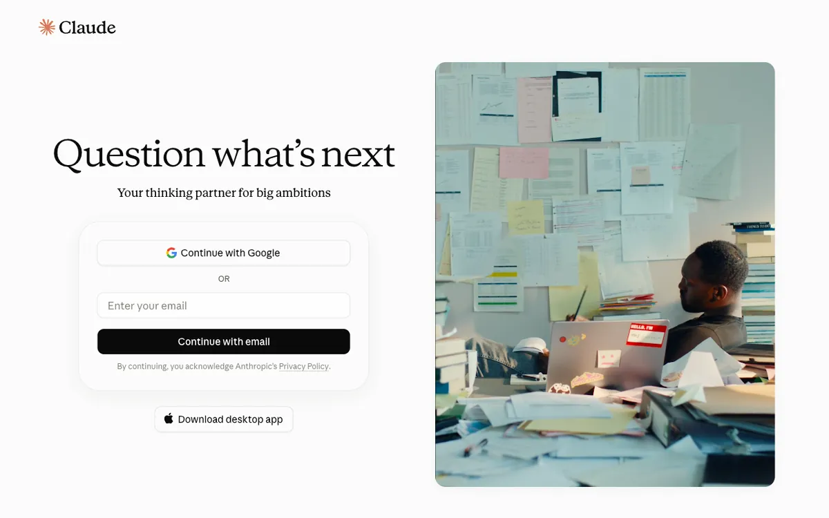 The claude.ai sign-up page, with the email field and the Continue with Google button.