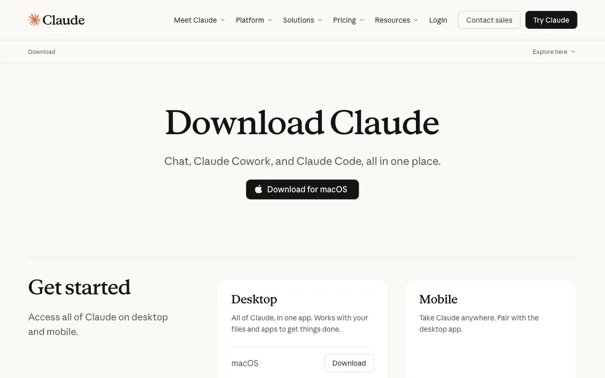 The claude.com download page, with the download button for your own computer already picked out.