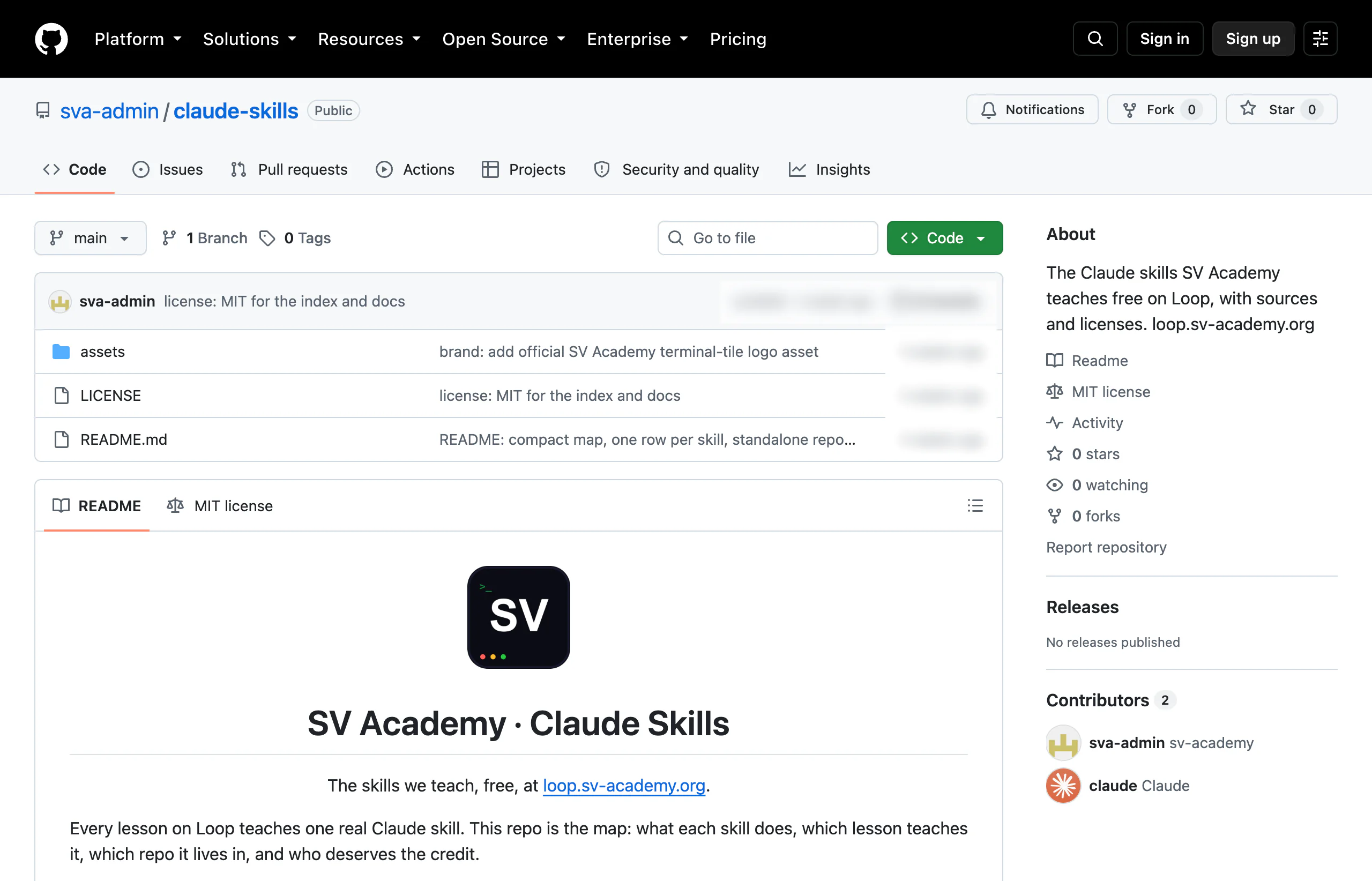 The sva-admin/claude-skills page on GitHub, showing the file list, the green Code button and the README below it.