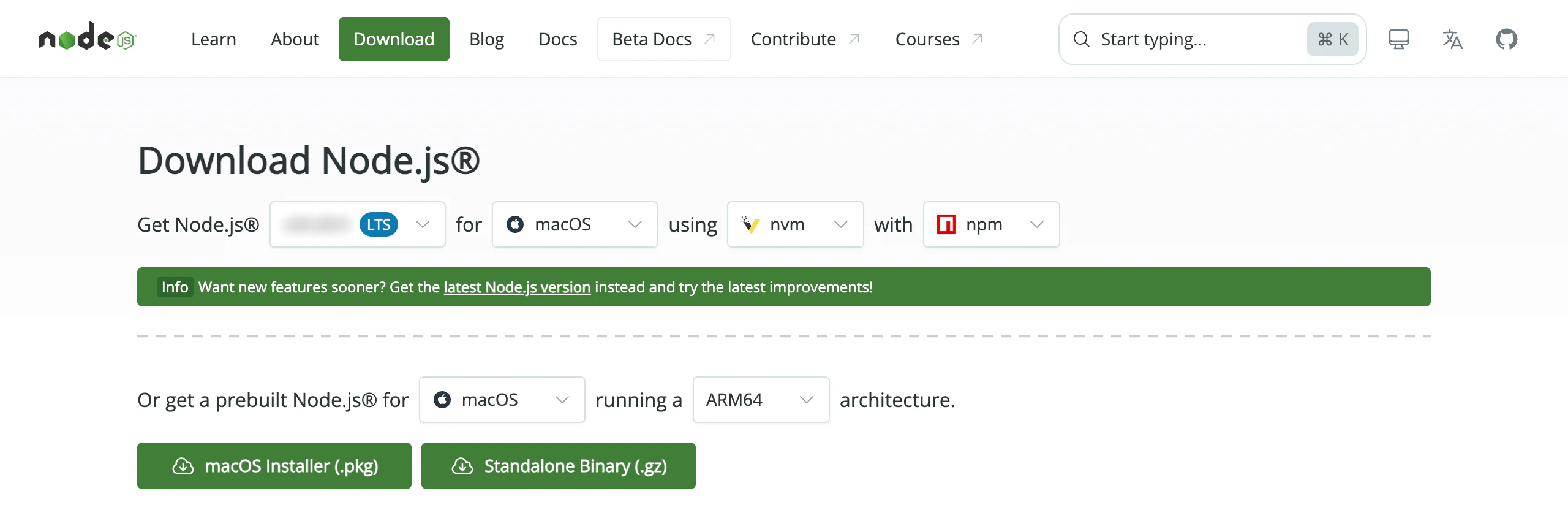 The nodejs.org download page with the LTS version selected and the macOS installer button below it.