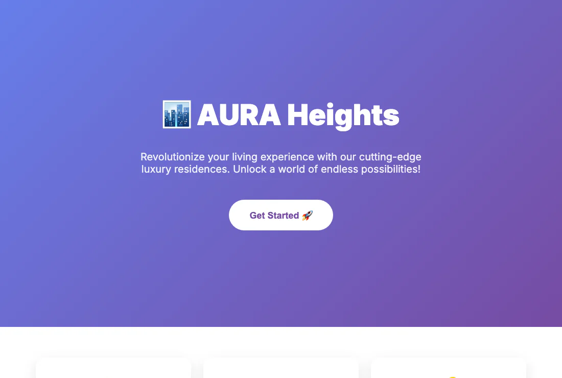 A purple gradient hero page titled AURA Heights, with an emoji beside the title, a slogan, and a white Get Started button.